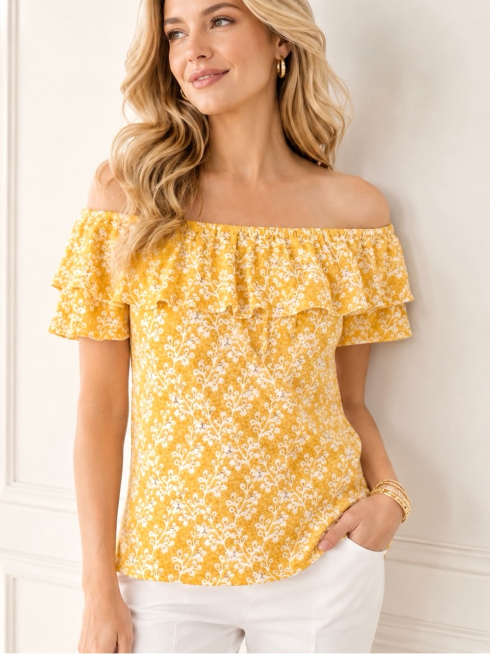 Ann Taylor LOFT Golden Yellow & Ivory Floral Off The Shoulder Top Size M